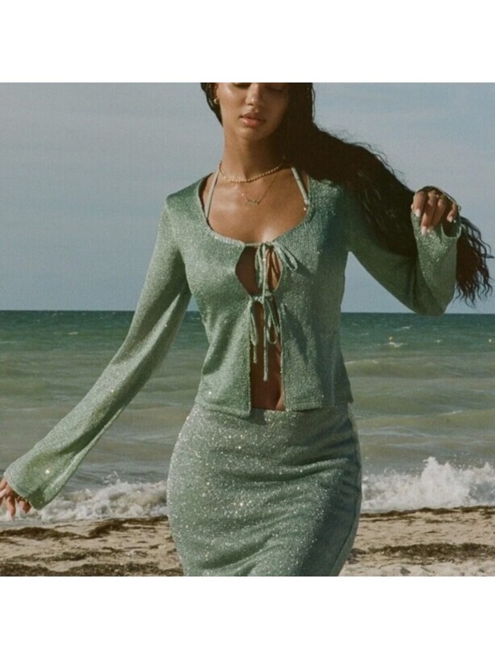 Tiger Mist Kelly Green Metallic Shimmer Tie Front Cardigan Top S Festival Y2K